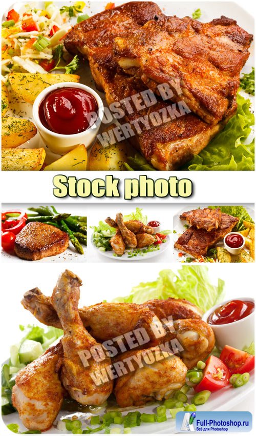  , ,  / Grilled meat, potatoes, gravy - stock photos