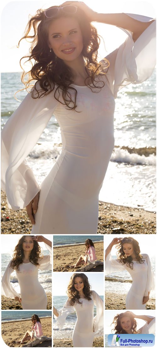        / Girl in white dress on the beach - Stock Photo