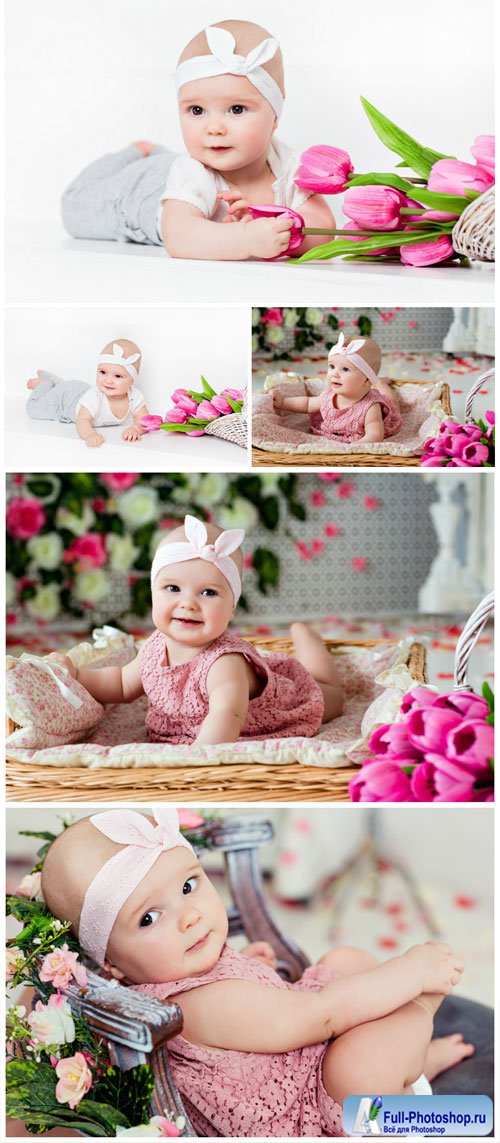 Little kid with tulips - stock photos