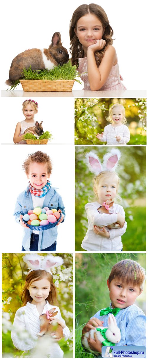 Little children and easter bunnies - Stock Photo