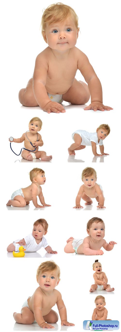 Baby in diaper crawling happy on a white background - Stock photo