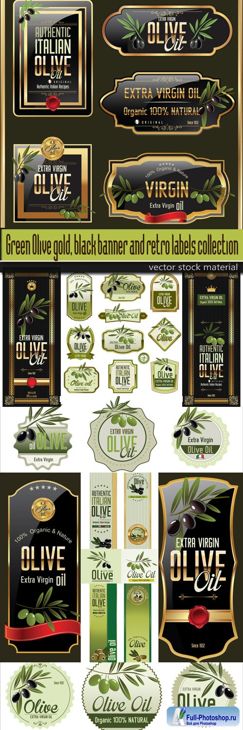 Green Olive gold, black banner and retro labels collection