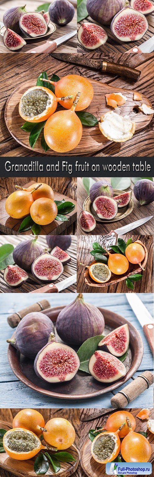 Granadilla and Fig fruit on wooden table