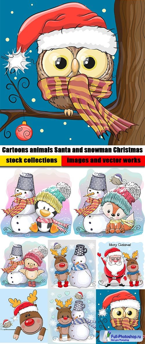Cartoons animals Santa and snowman Christmas
