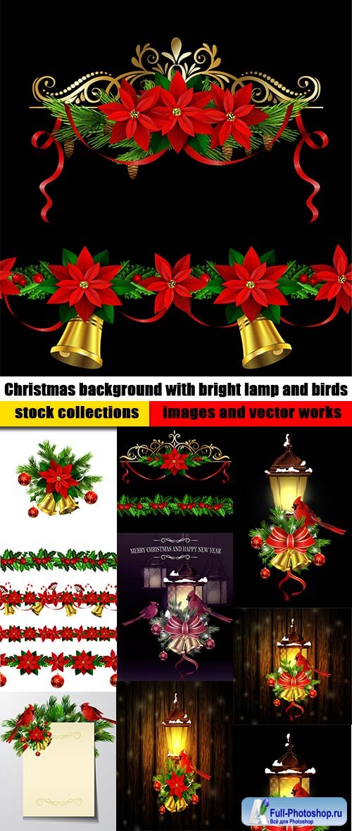 Christmas background with bright lamp and birds