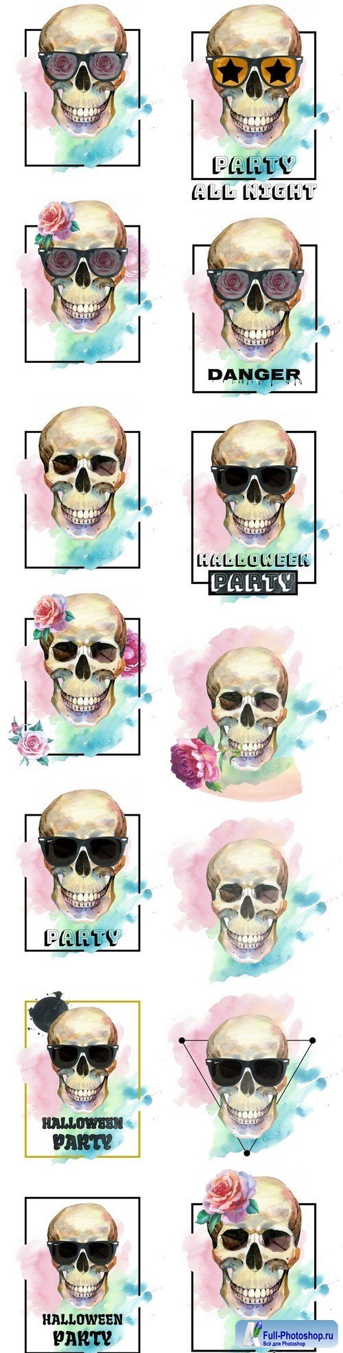 Watercolor smiling skulls - tattoo concept - Set of 14xUHQ JPEG Professional Stock Images