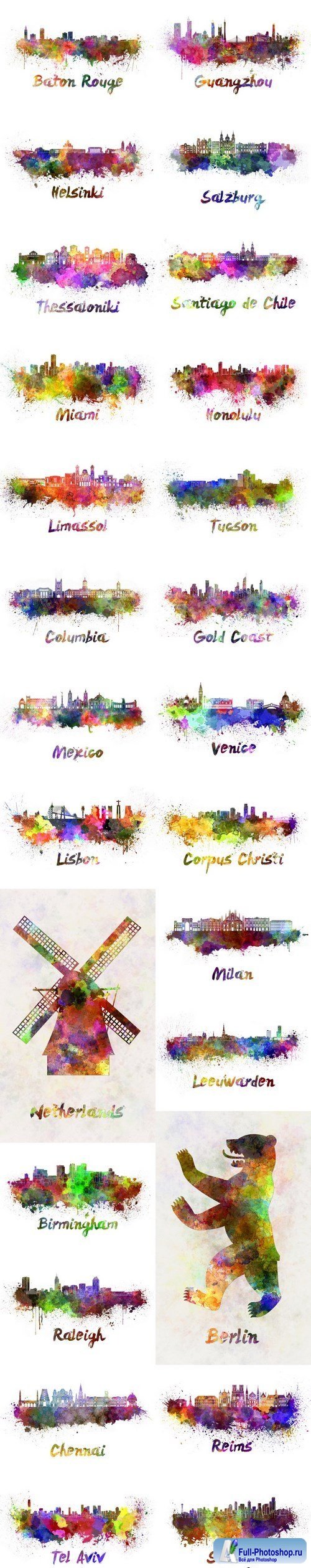 Silhouettes of cities & Skyline in watercolor 2 - Set of 26xUHQ JPEG Professional Stock Images