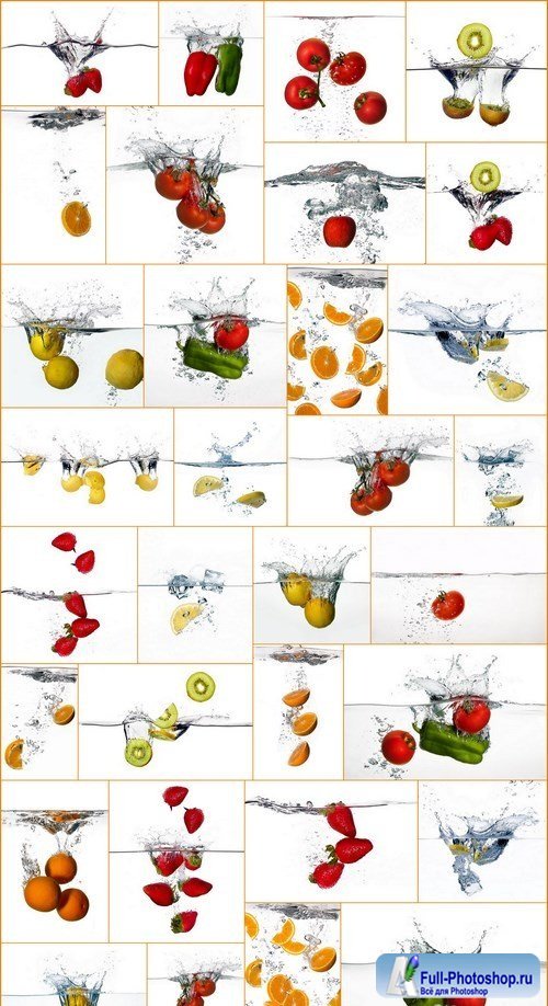 Water Splashes with Fresh Fruit, Berries and Vegetables - 32xUHQ JPEG Photo Stock