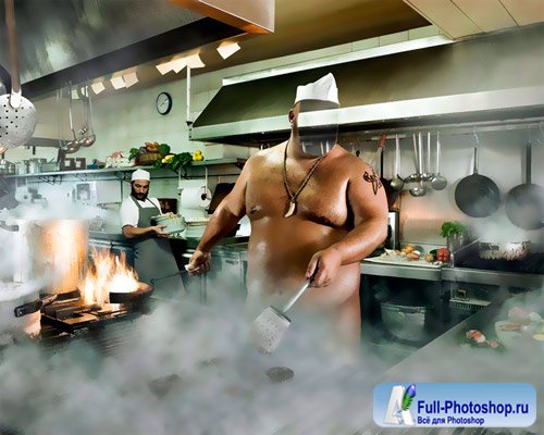 Шаблон для фотошопа - Голый повар на кухне