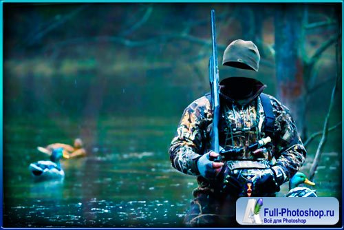 Многослойный шаблон для фотошопа - Охотник на утку на озере