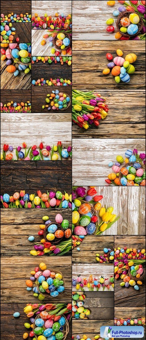 Easter eggs and tulips on wooden planks 26X JPEG