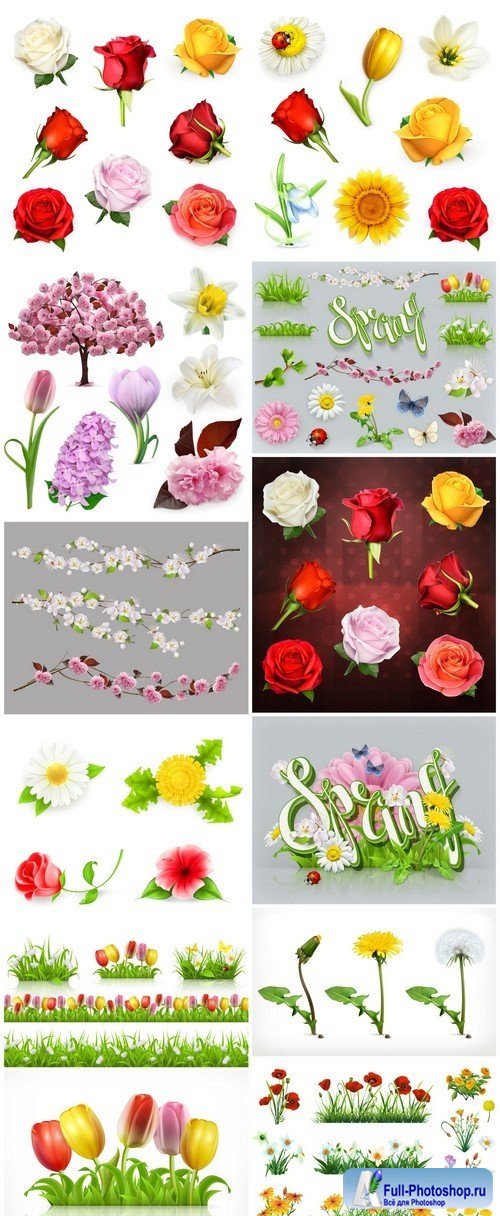 Flowers and grass set of vector elements Nature and ecology 12X EPS