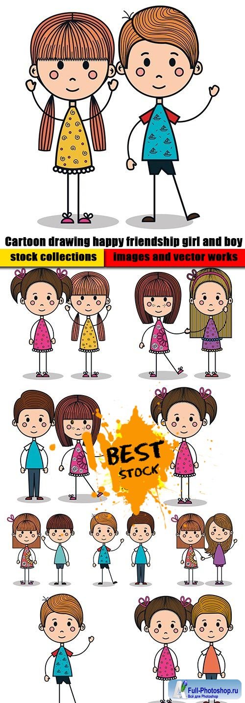 Cartoon drawing happy friendship girl and boy