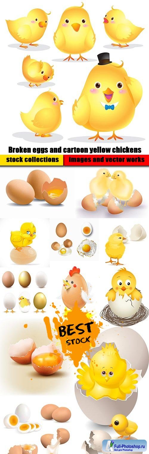 Broken eggs and cartoon yellow chickens