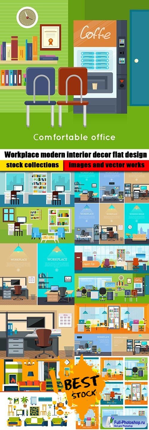 Workplace modern interior decor flat design