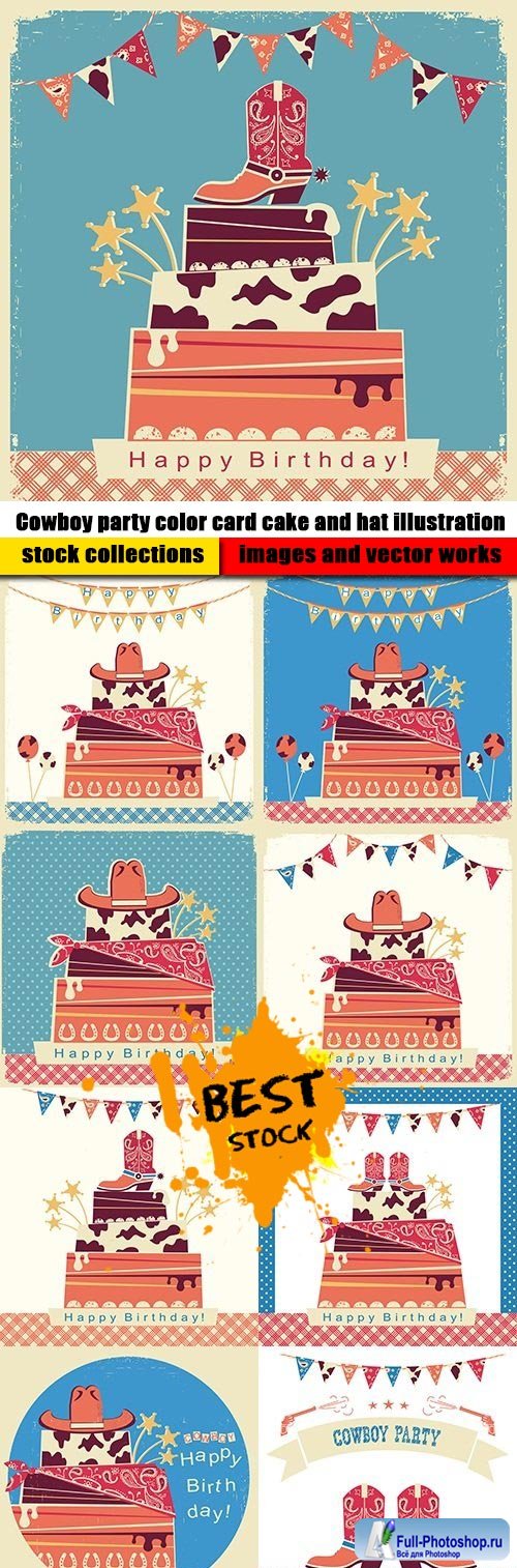 Cowboy party color card cake and hat illustration