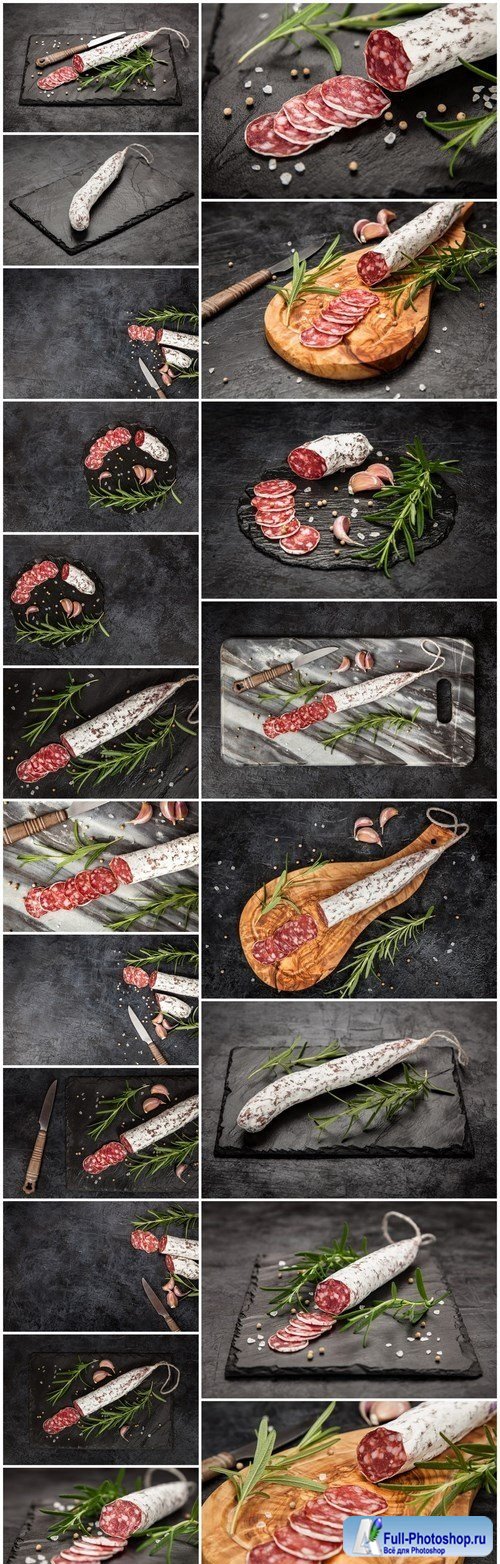 Salami on dark background - 20xUHQ JPEG Photo Stock