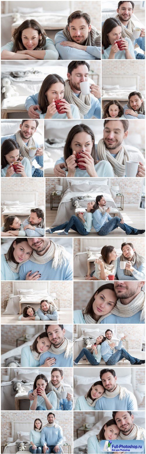 Happy young couple in a cozy bedroom - 20xUHQ JPEG Photo Stock