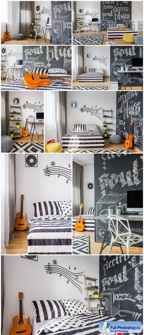 Bedroom decorated with music-related items - 9xUHQ JPEG Photo Stock