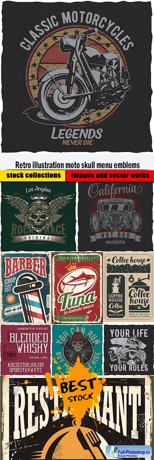 Retro illustration moto skull menu emblems