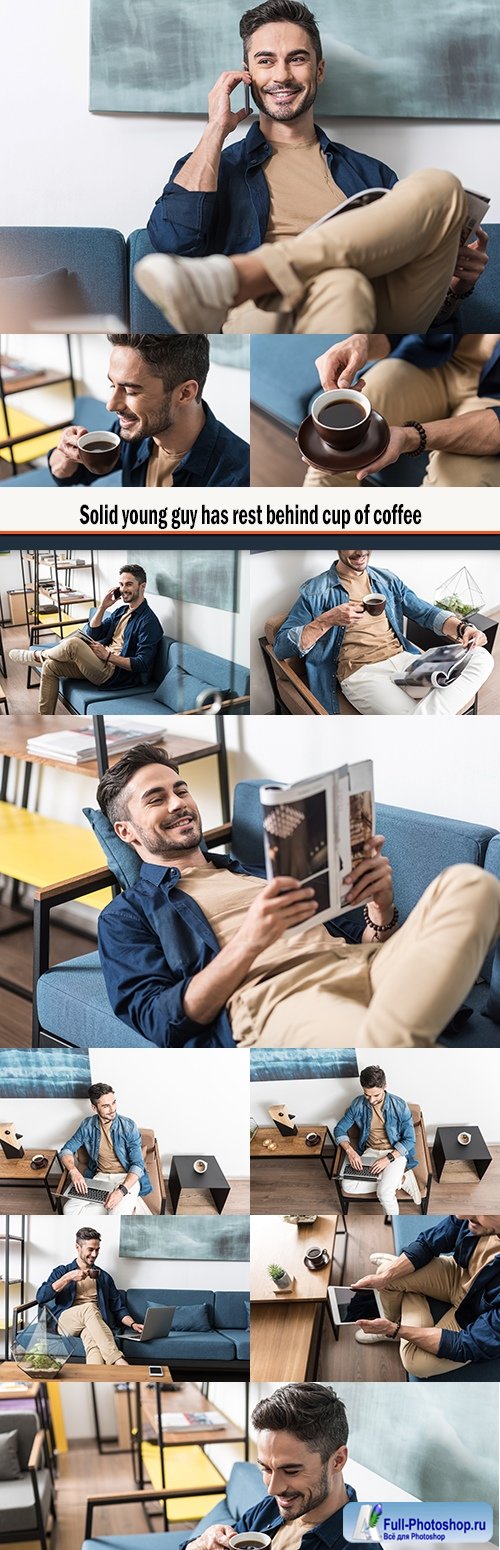 Solid young guy has rest behind cup of coffee