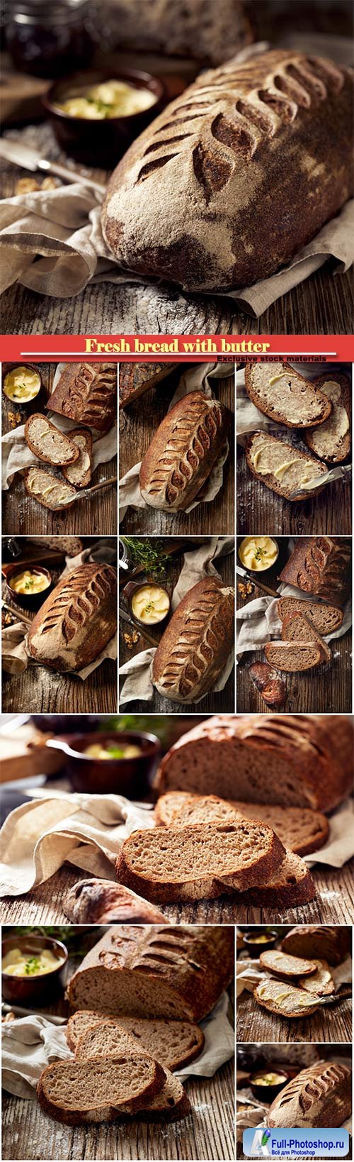 Fresh bread with butter on a wooden background