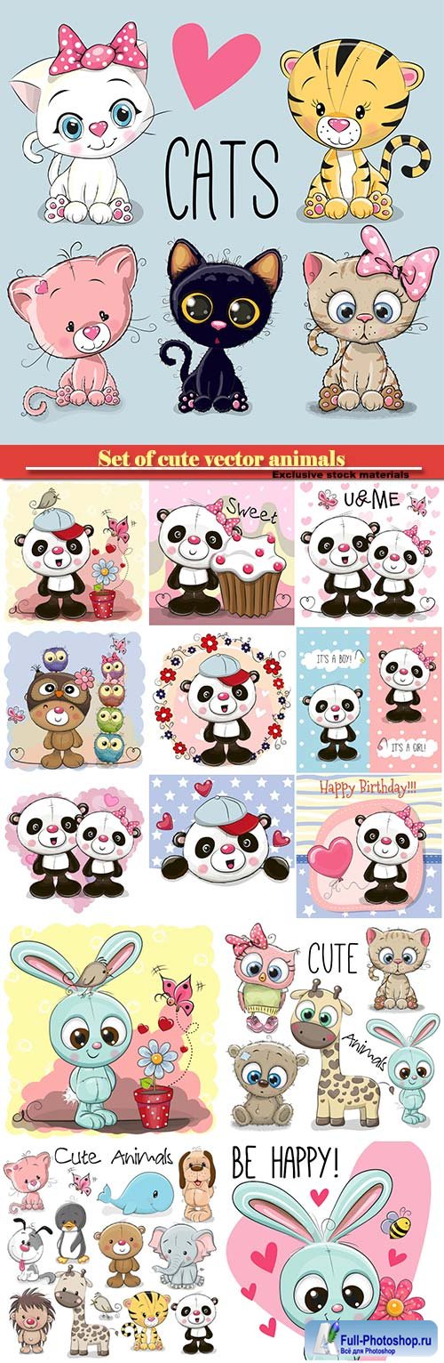 Set of cute animals, pandas, cute cats