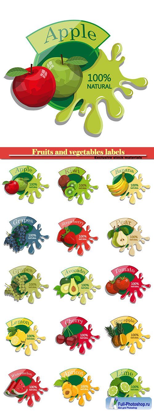 Fruits and vegetables labels in vector fresh natural juices