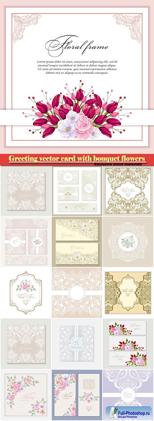 Greeting vector card with bouquet flowers for wedding, birthday and other holidays