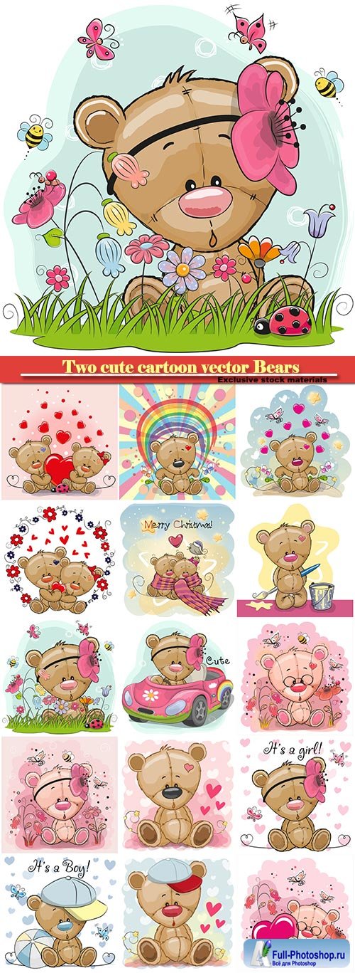 Two cute cartoon vector Bears on a flowers background