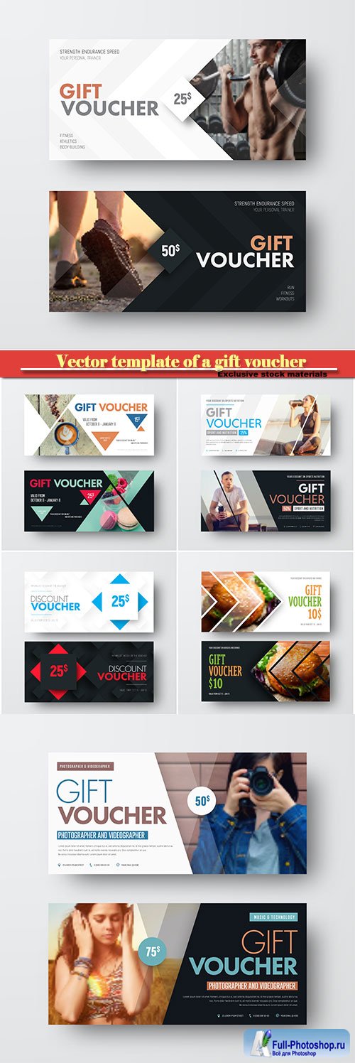 Vector template of a gift voucher with diagonal lines and a place for a photo