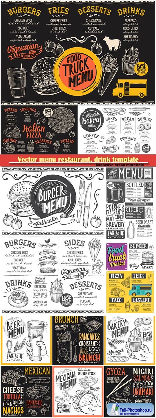 Vector menu restaurant, drink template, food illustrations