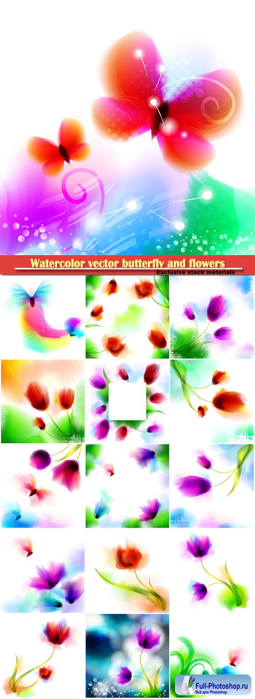 Watercolor vector romantic butterfly and blooming flowers