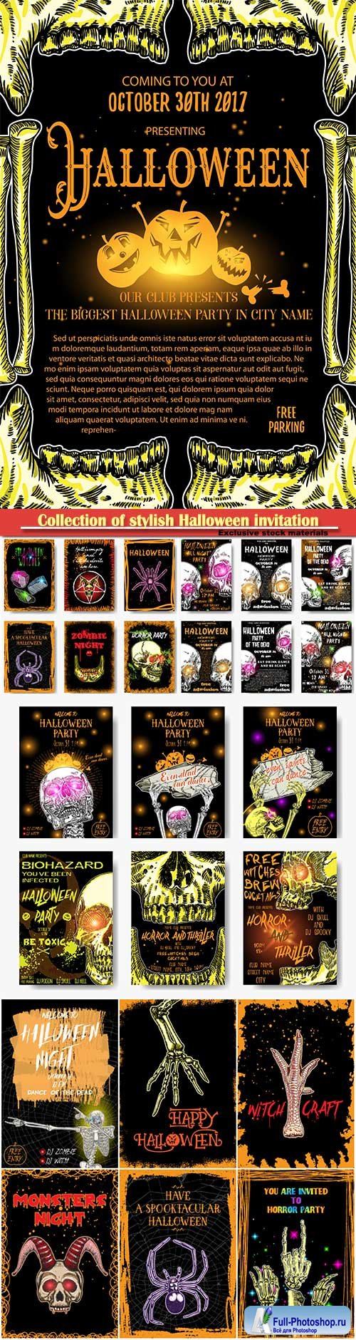 Collection of stylish Halloween invitation posters and cards, hand drawn Halloween greeting flayers templates