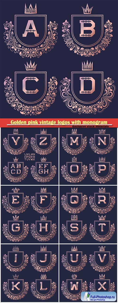 Golden pink vintage logos with  monogram, gold coat of arms set in baroque style