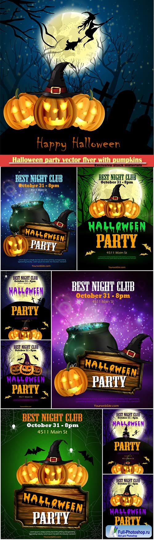 Halloween party vector flyer with pumpkins, hat