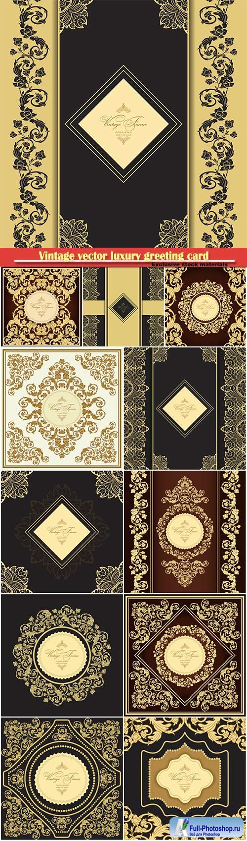 Vintage vector luxury greeting card, ornate gold border