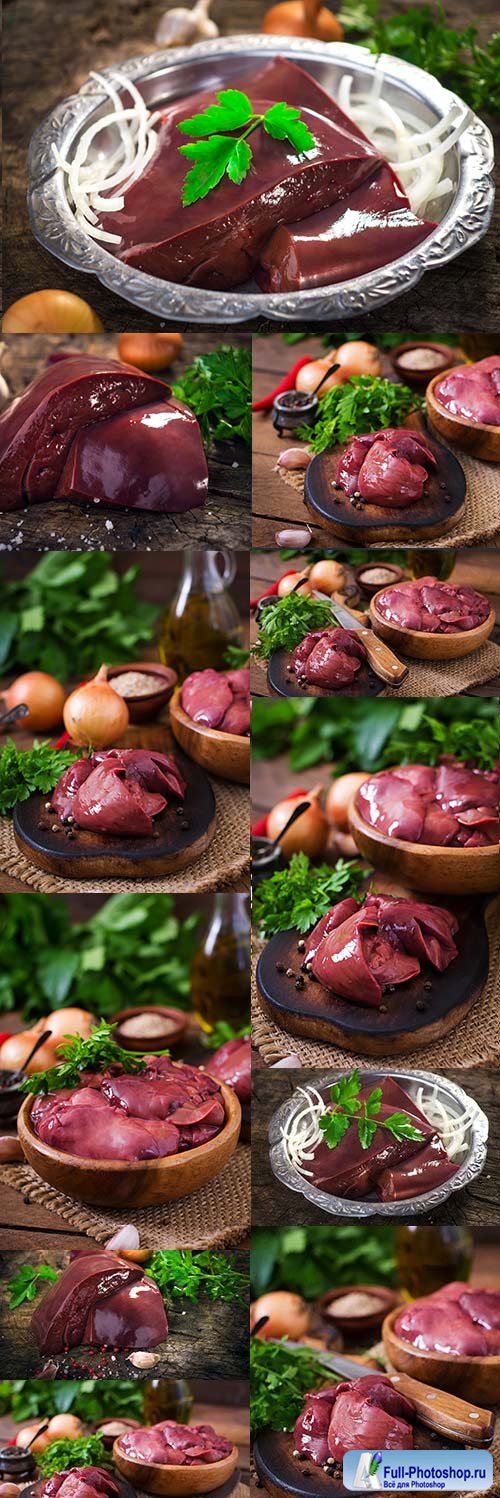 Beef liver with greens chopping wooden board