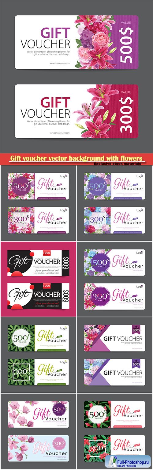 Gift voucher vector background with flowers