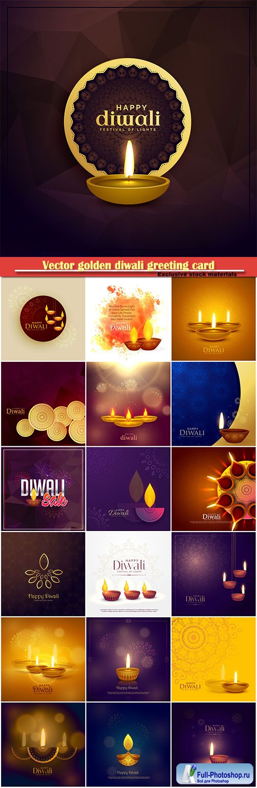 Vector golden diwali greeting card design with diya lamp