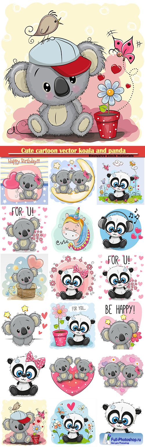 Cute cartoon vector koala and panda with flowers