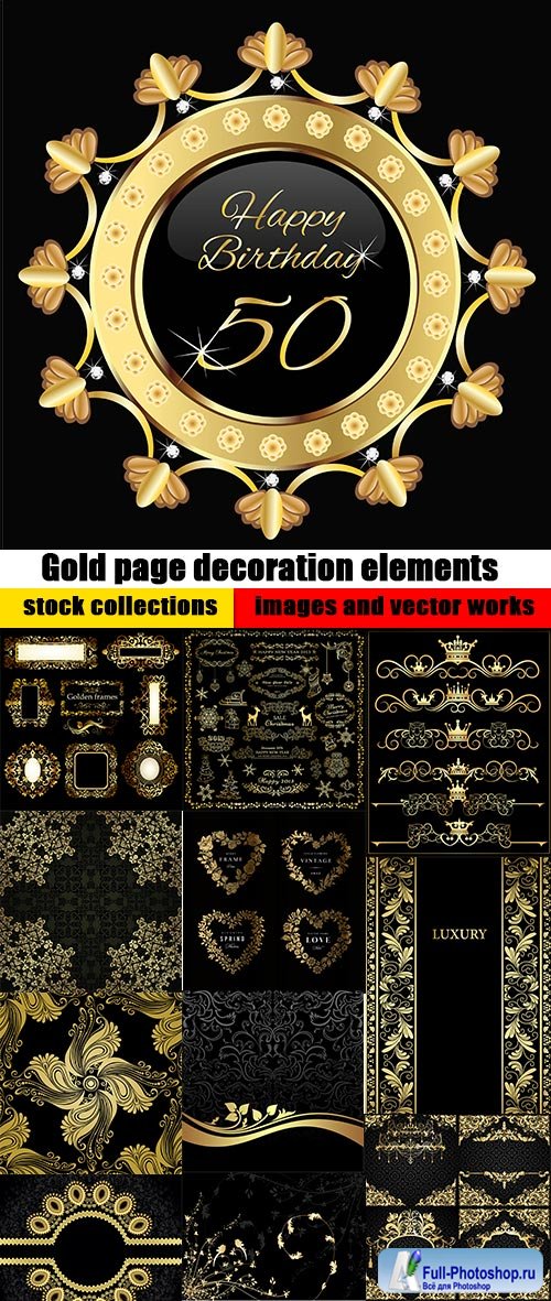 Gold page decoration elements on black and vintage backgrounds - 25 Eps