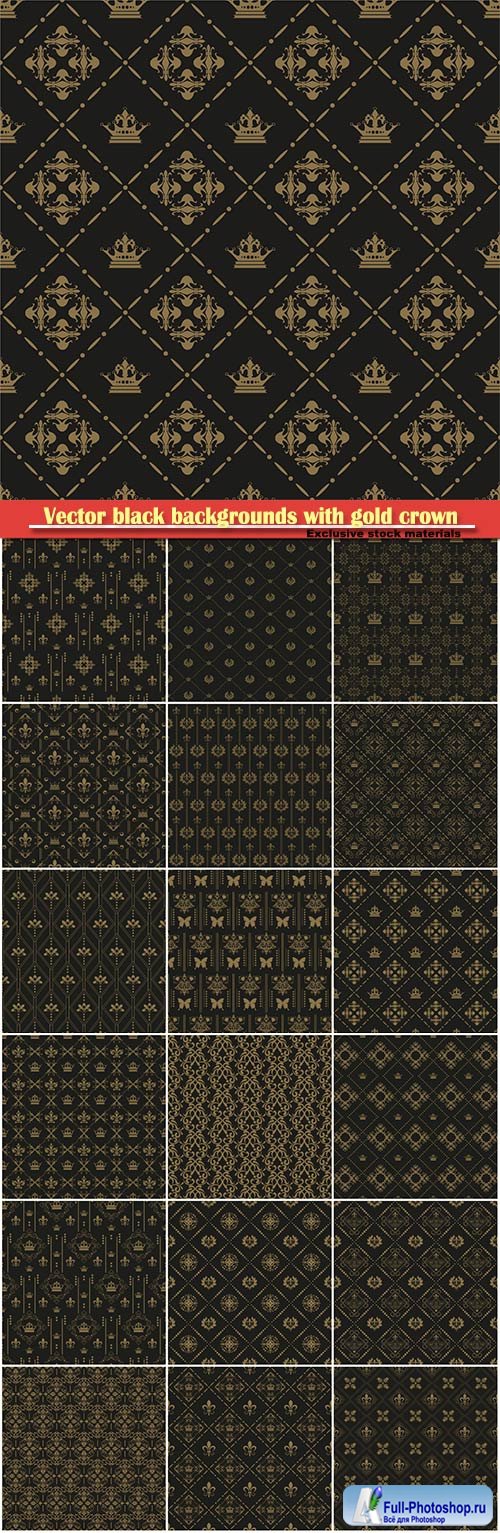 Vector black backgrounds with gold crown patterns