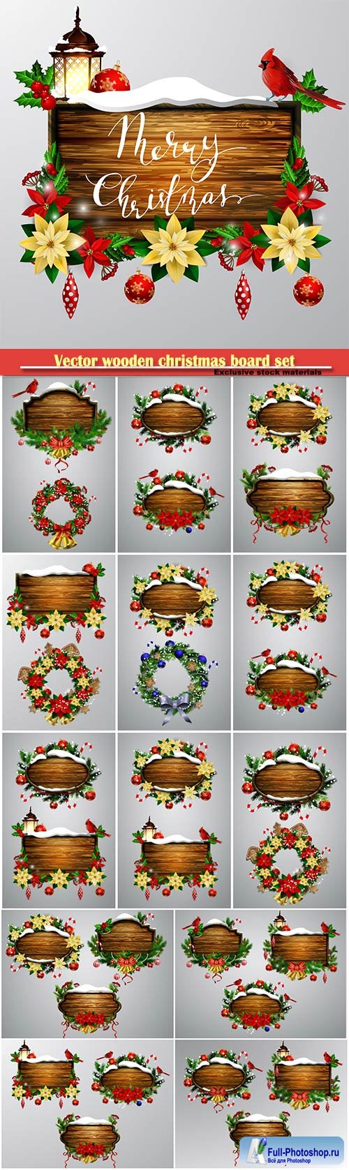 Vector wooden christmas board set with christmas tree and decorations