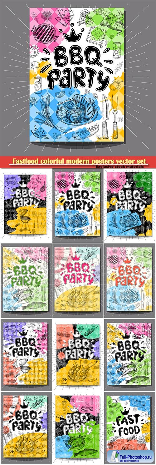 Fastfood colorful modern posters vector set