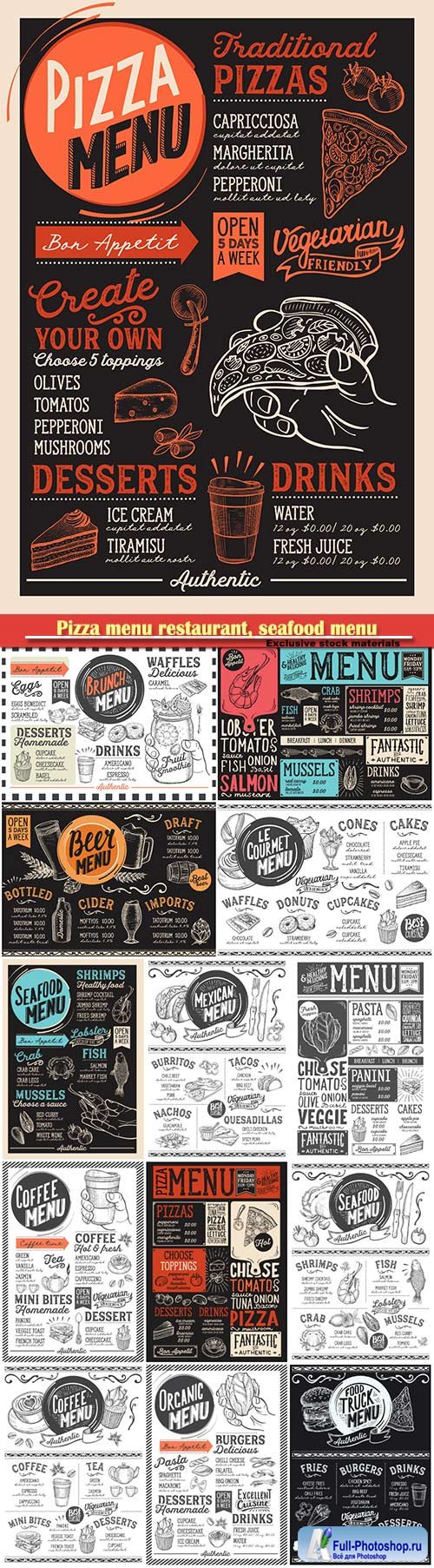 Pizza menu restaurant, seafood menu vector template