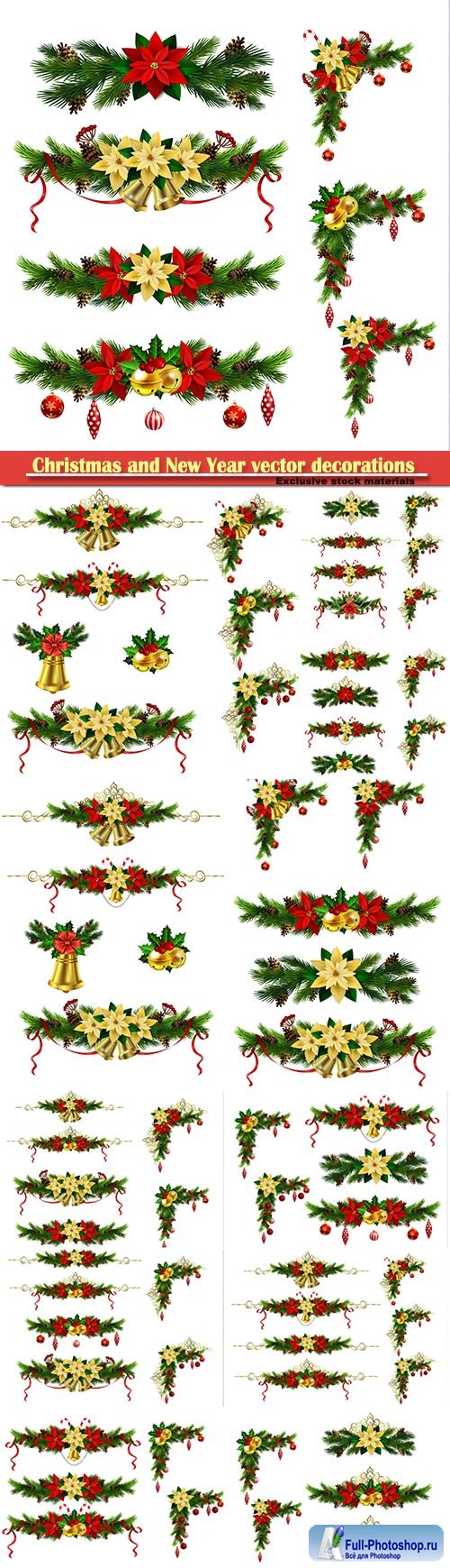 Christmas and New Year vector decorations with fir branches, red ribbons and bells