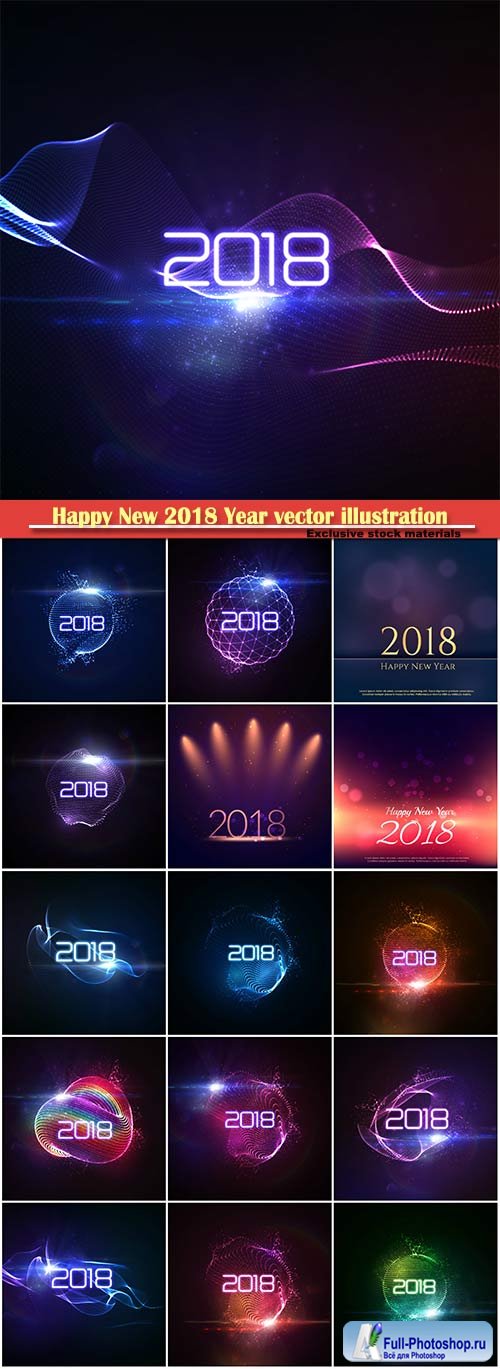 Happy New 2018 Year vector holiday illustration of glowing neon 2018 sign with shiny abstract wave and sparkles