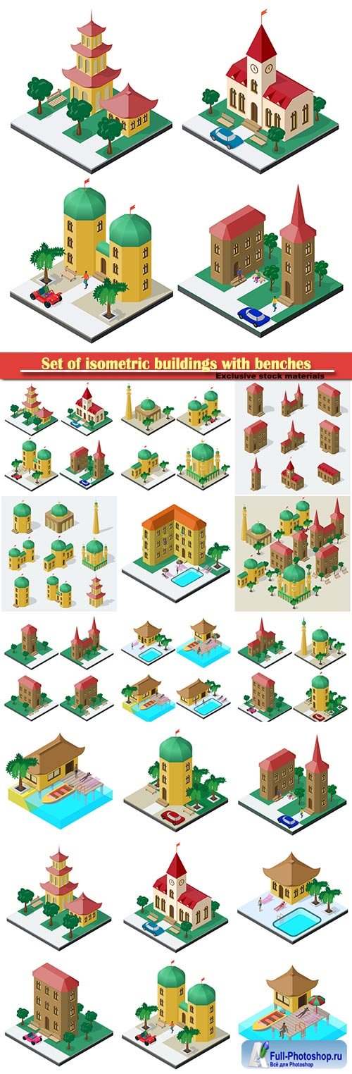 Set of isometric buildings with benches, vector trees and car