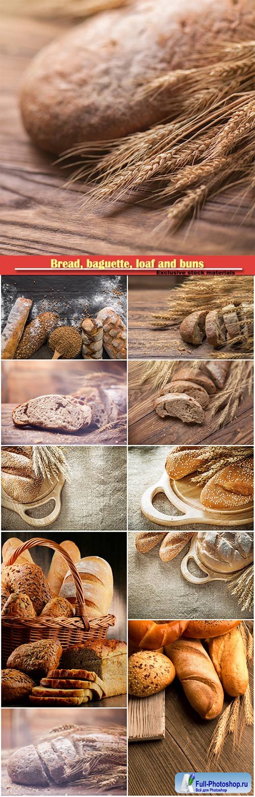 Bread, baguette, loaf and buns on the wooden desk